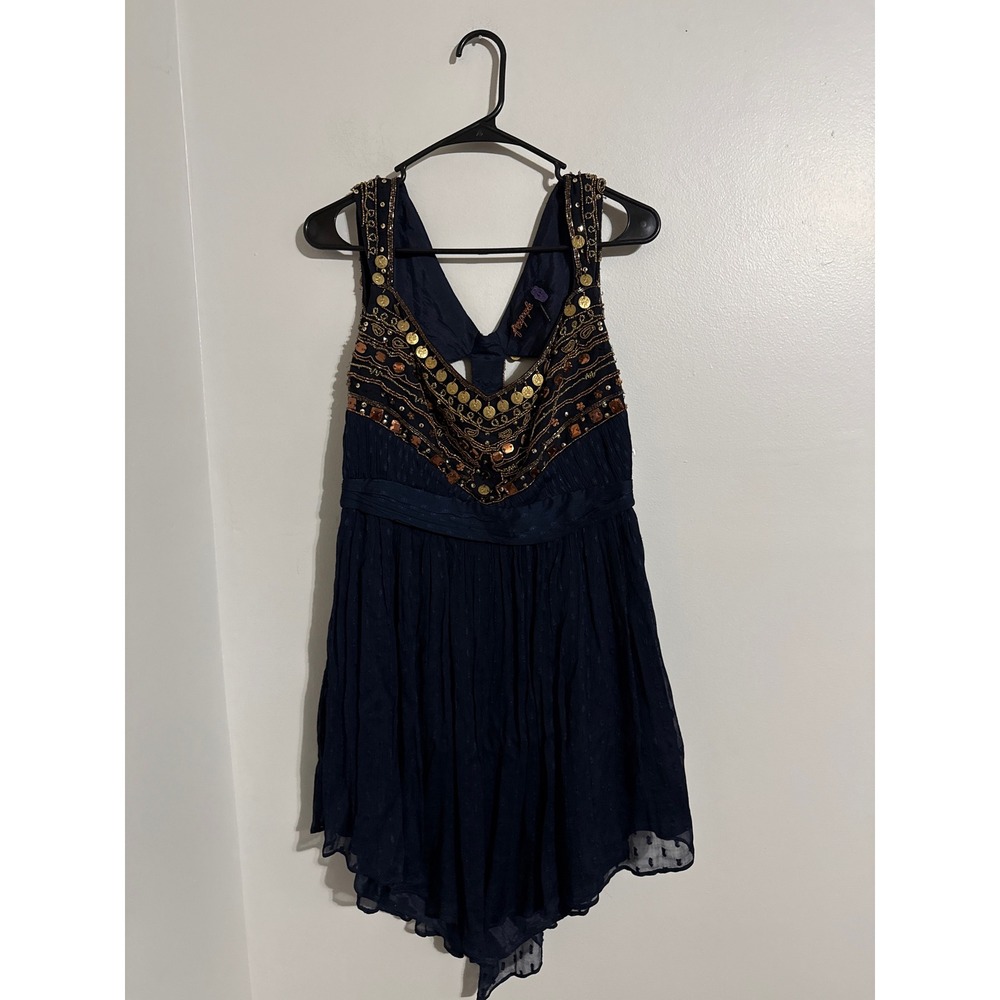 Free People Indigo Coin Embellished Boho Mini Dress Size 8 NWT F057Y987